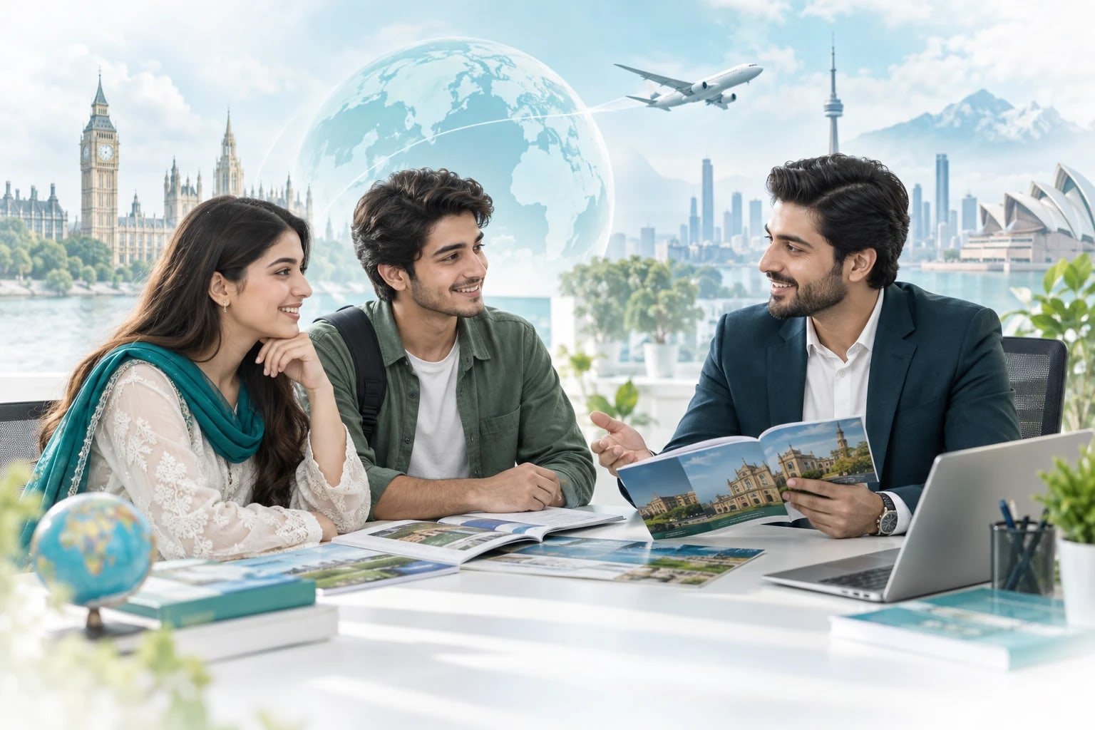 Pakistani students speaking with an education advisor